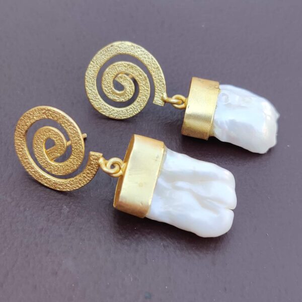 Baroque Pearl Gold-Plated Spiral Dangler Earrings Side