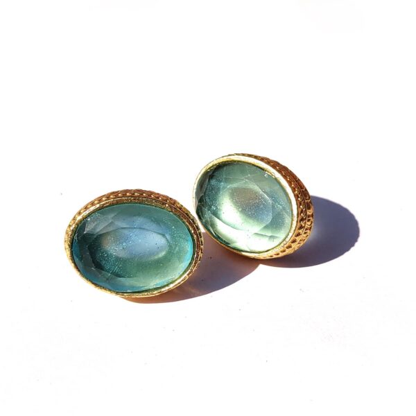 Ocean Blue Topaz Goldplated Studs with Detailed Bezel Side 1