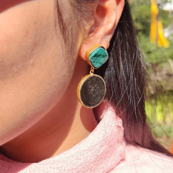 Textured Vintage Coin Goldplated Danglers with Green Druzy Body
