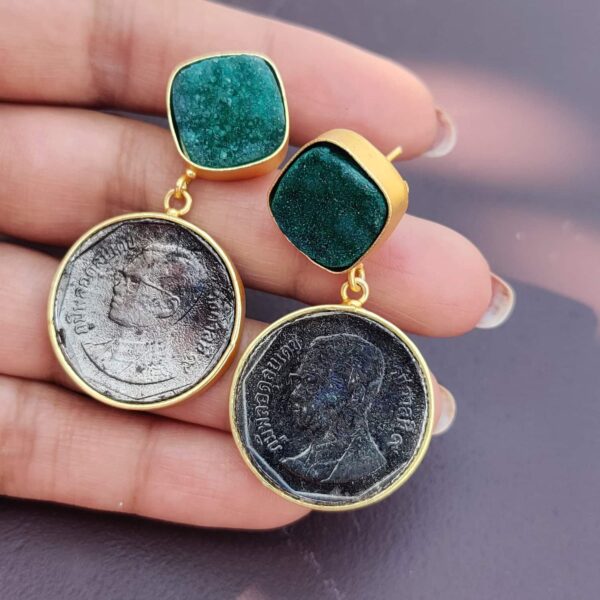 Textured Vintage Coin Goldplated Danglers with Green Druzy Hand