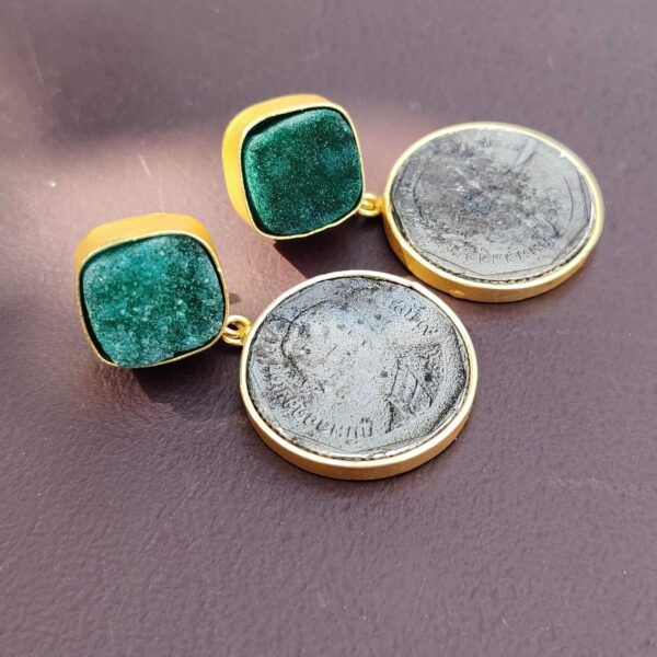 Textured Vintage Coin Goldplated Danglers with Green Druzy Lifestyle 2
