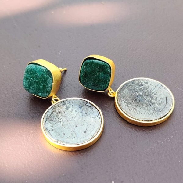 Textured Vintage Coin Goldplated Danglers with Green Druzy Lifestyle