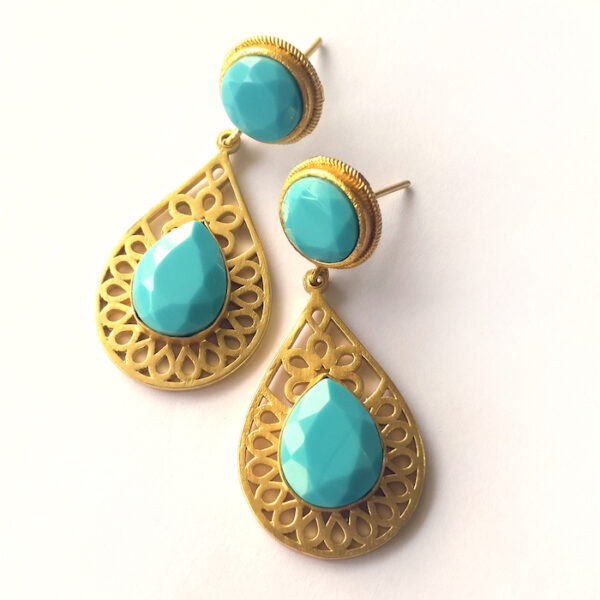 Turquoise Gold Plated Statement Dangling Short Earrings