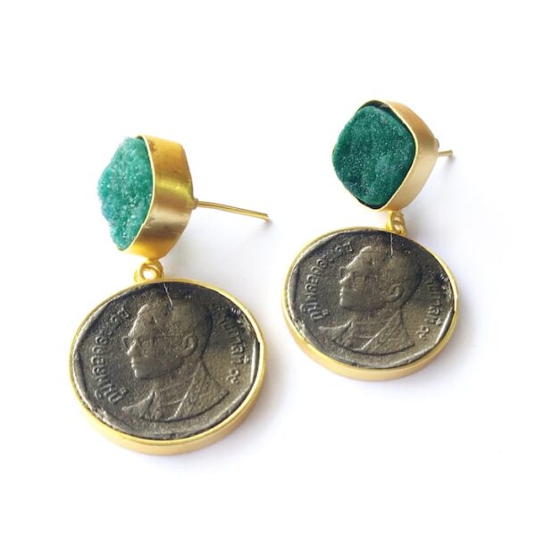 Textured Vintage Coin Goldplated Danglers with Green Druzy