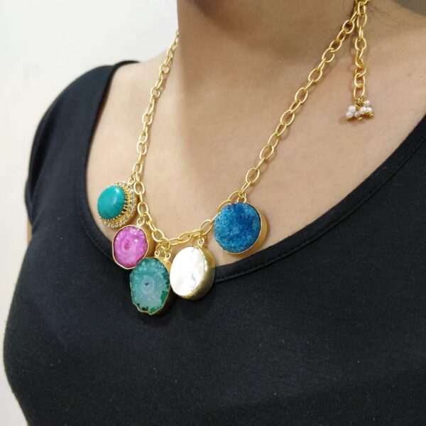 Morning Glory Multi-color Golden Necklace Adjustable Chain length Body Image