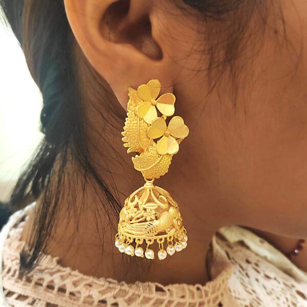 Gold Plated Floral Blossom Jhumki with Pearl on Ears
