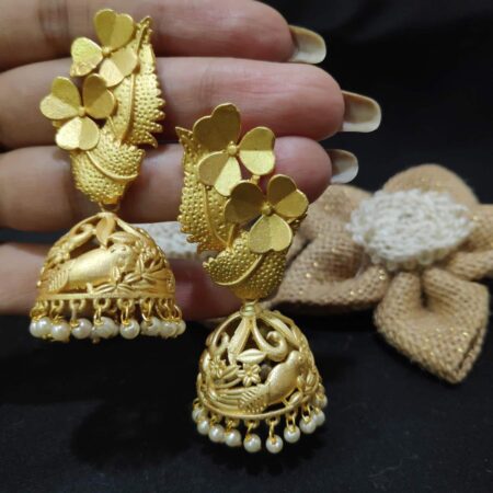 Gold Plated Floral Blossom Jhumki with Pearl