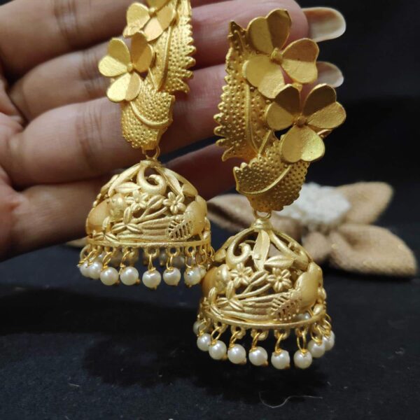 Gold Plated Floral Blossom Jhumki with Pearl