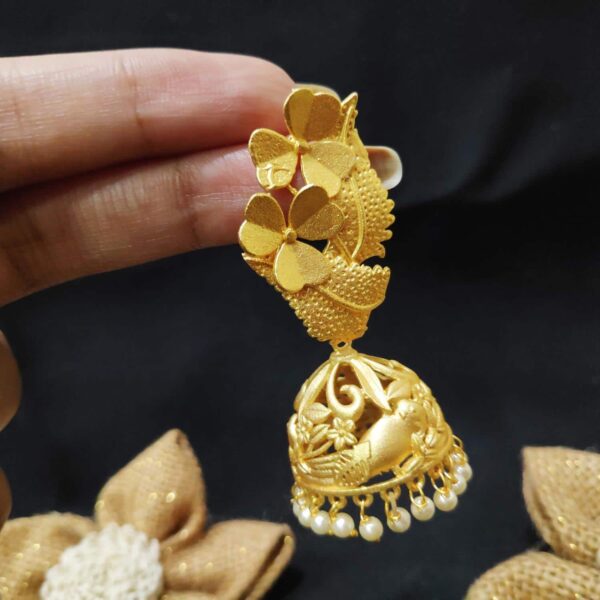 Gold Plated Floral Blossom Jhumki with Pearl