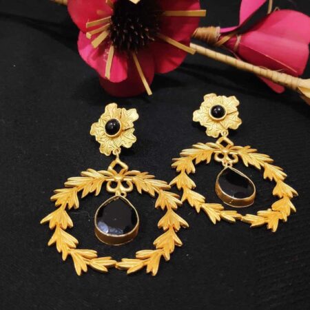 Golden Wreath Black Onyx Studded Dangling Earrings