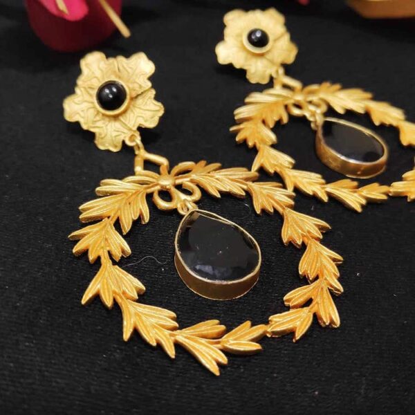 Golden Wreath Black Onyx Studded Dangling Earrings