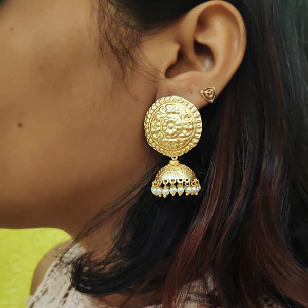 Temple Jewellery Round Stud Pearl Jhumki Earrings on Ears