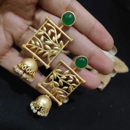 Goldplated Filigree Frame Green Onyx Jhumkas