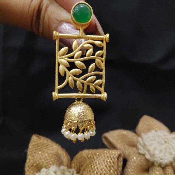 Goldplated Filigree Frame Green Onyx Jhumkas