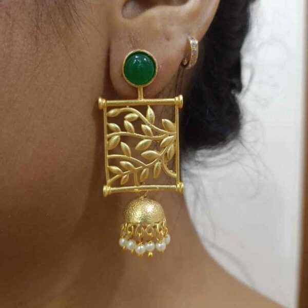 Goldplated Filigree Frame Green Onyx Jhumkas