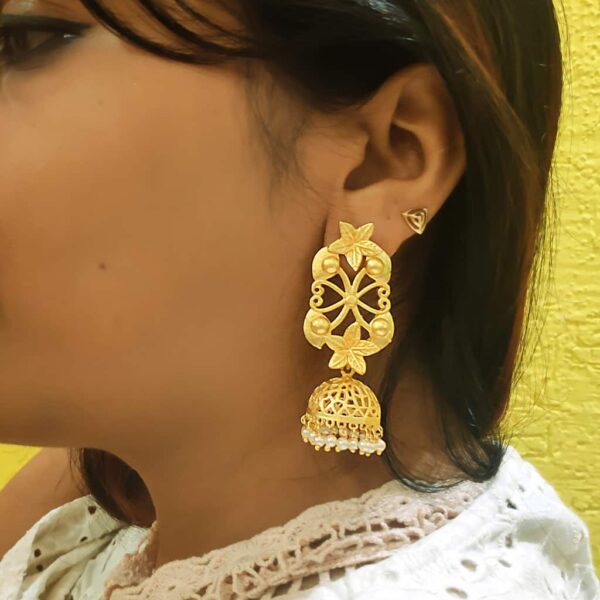 Goldplated Floral Filigree Pearl Jhumka Earrings on Ears