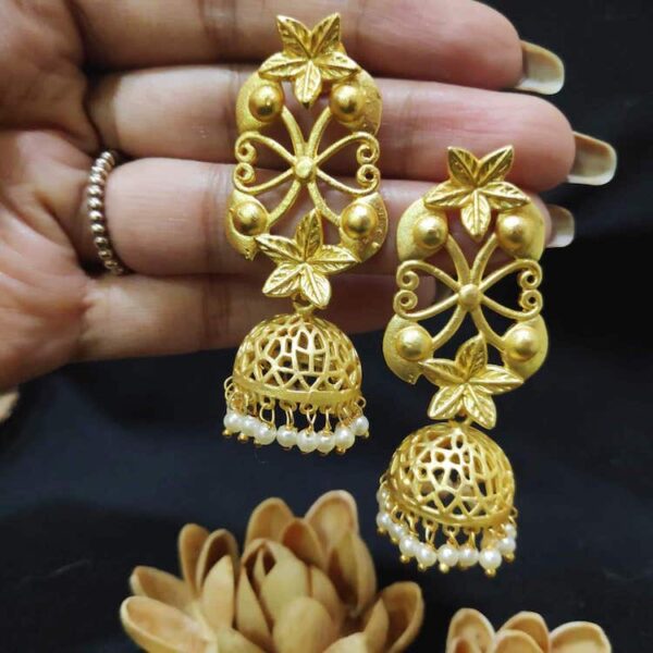 Goldplated Floral Filigree Pearl Jhumka Earrings