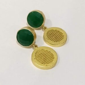 Textured Coin Drop Earrings with Bezel Set Green Onyx