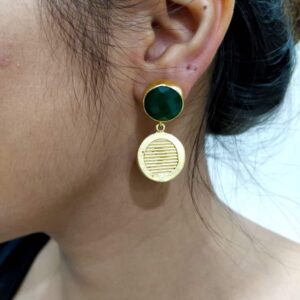 Textured Coin Drop Earrings with Bezel Set Green Onyx on Ears