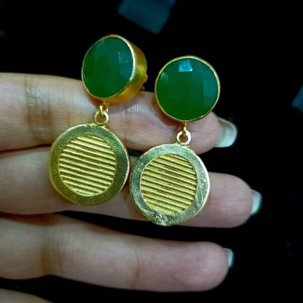 Textured Coin Drop Earrings with Bezel Set Green Onyx in Hands