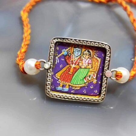 Miniature Hand Painted Radha Krishna Silver Rakhi