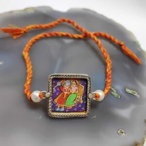 Sterling Silver Miniature Hand Painted Radha Krishna Rakhi Front