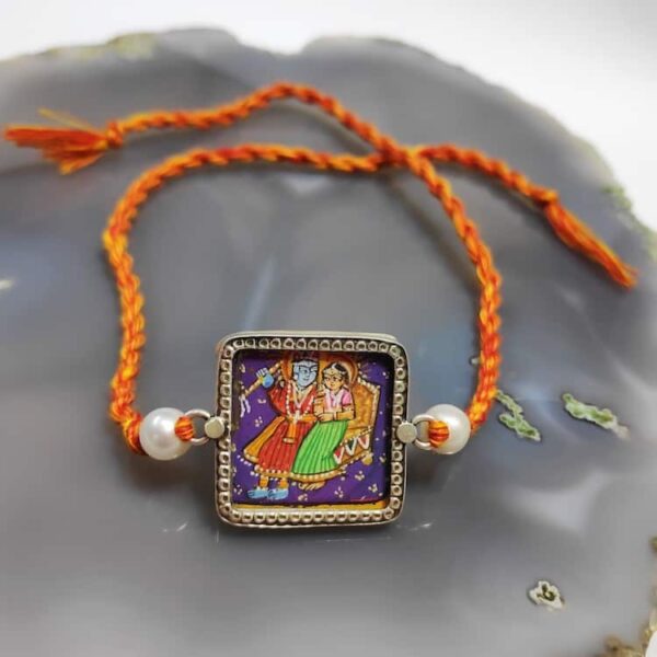 Sterling Silver Miniature Hand Painted Radha Krishna Rakhi Front