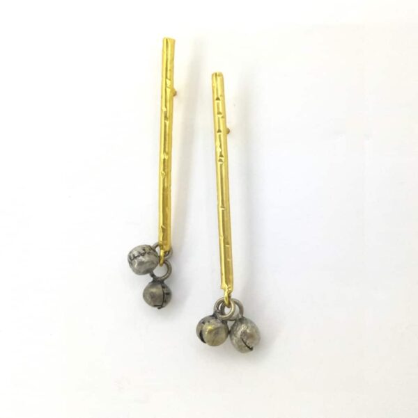 Blackened Ghungroo Earrings with a GoldPlated Straight Bar Side