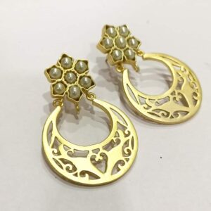 Golden Chand Bali with Pearl Floral Top Earrings Hand Side 2