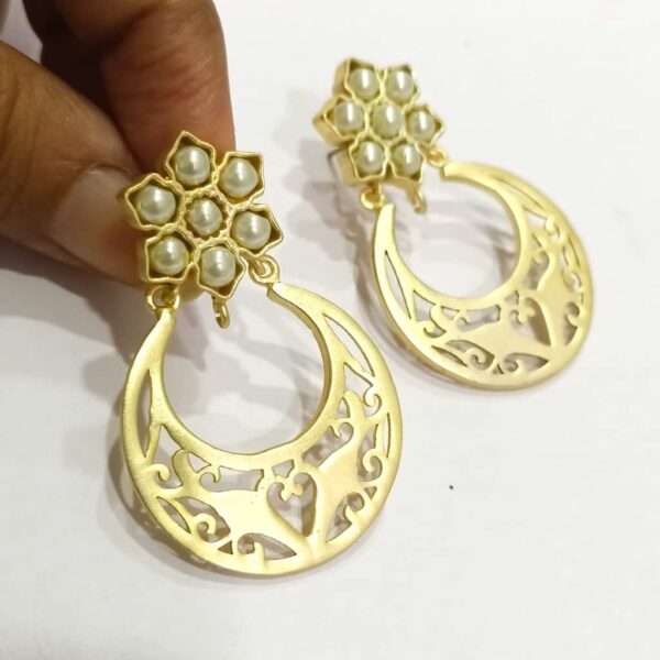 Golden Chand Bali with Pearl Floral Top Earrings Side