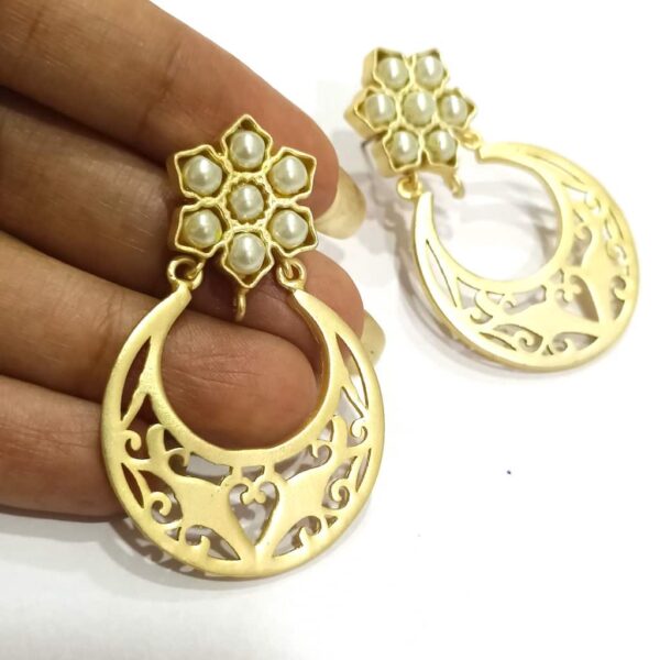 Golden Chand Bali with Pearl Floral Top Earrings Hand