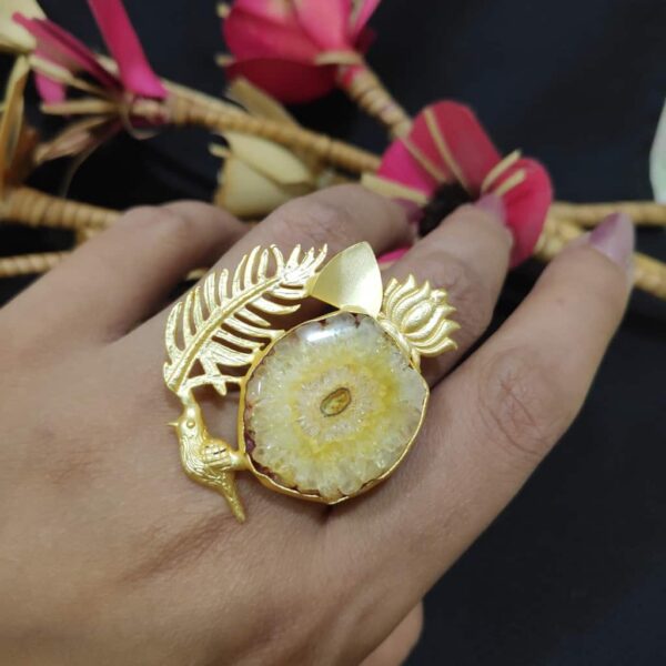 Yellow Quartz Artistic Bird Feather Adjustable Fashion Ring Body Image