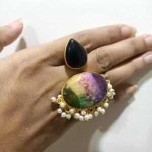 Black Rainbow Pearl Fringe Jogan Bi-Finger Ring