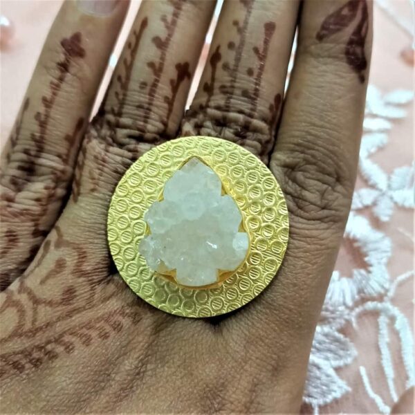 Angel White Druzy Quartz Round Textured Finger Body Closeup