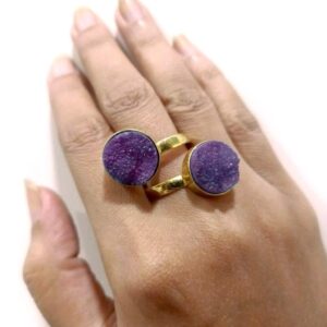 Purple Rough Drusy Bypass Golden Ring on Hand