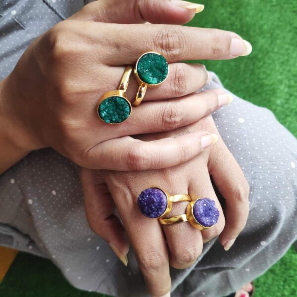 Blue and Green Rough Drusy Bypass Golden Rings on Hands