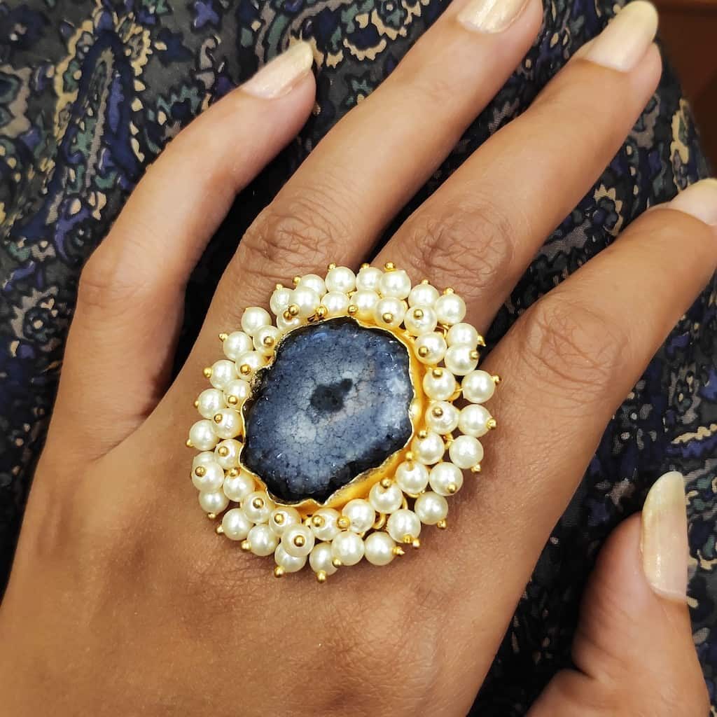 Ink Blue Gray Agate Rings with Layered Pearl Fringe Hand