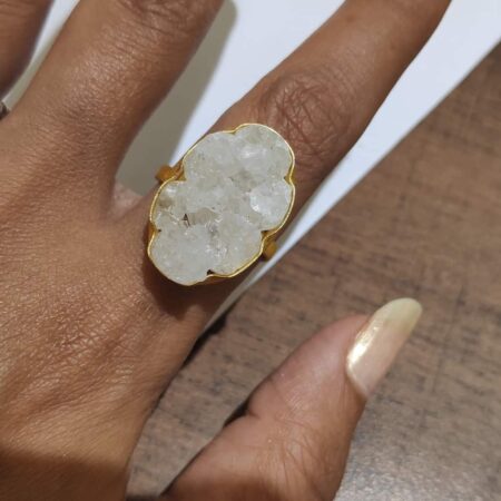 Angel White Oval Druzy Adjustable Ring with Gold Plating