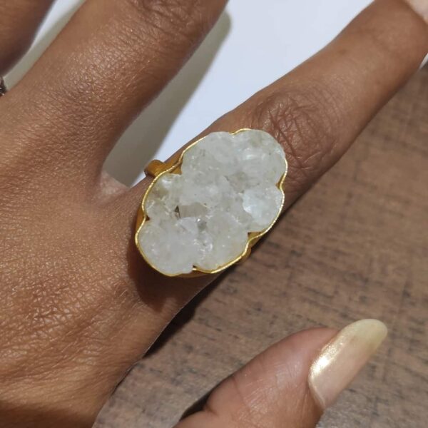 Angel White Oval Druzy Adjustable Ring with Gold Plating Hand