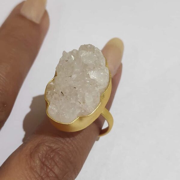 Angel White Oval Druzy Adjustable Ring with Gold Plating Closeup