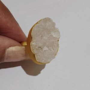 Angel White Oval Druzy Adjustable Ring with Gold Plating Side