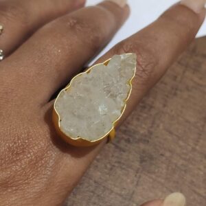 Angel White Pear Shaped Druzy Adjustable Gold Plated Ring Main