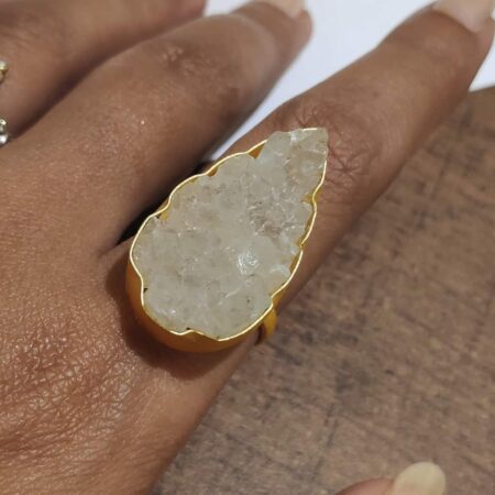 Angel White Pear Shaped Druzy Adjustable Gold Plated Ring