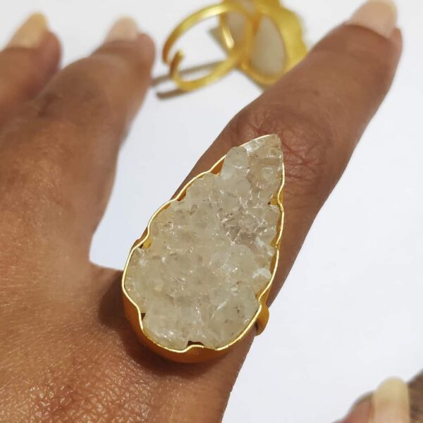 Angel White Pear Shaped Druzy Adjustable Gold Plated Ring Closeup