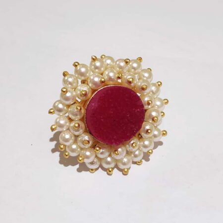 Rose Red Druzy Adjustable Ring with Halo of Pearl Fringe