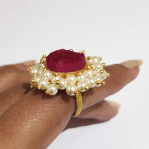 Rose Red Druzy Adjustable Ring with a Halo of Pearl Fringe Side