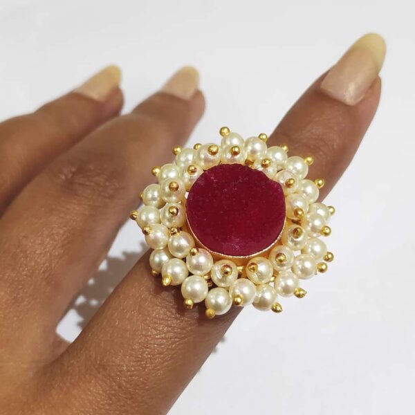 Rose Red Druzy Adjustable Ring with a Halo of Pearl Fringe Hand