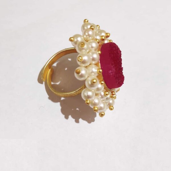 Rose Red Druzy Adjustable Ring with a Halo of Pearl Fringe Side