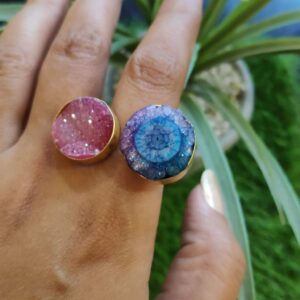 Pink Blue Purple Drusy Agate Bi-finger Gold Plated Ring Main