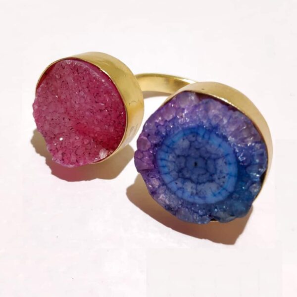 Pink Blue Purple Drusy Agate Bi-finger Gold Plated Ring Side